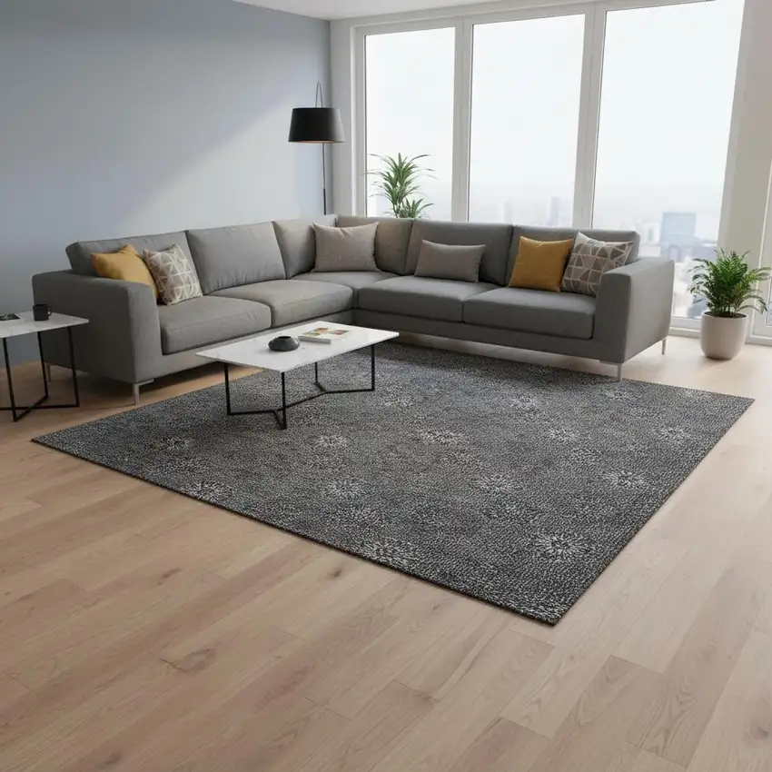 Gray And Silver Floral Washable Area Rug With UV Protection Photo 2