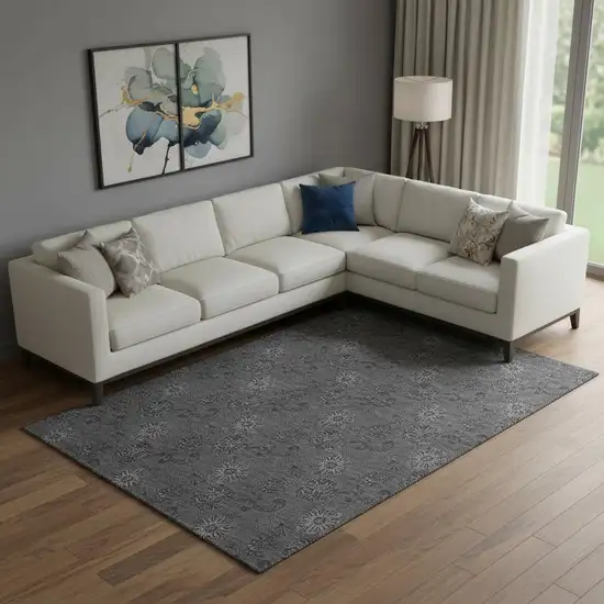 Gray And Silver Floral Washable Area Rug With UV Protection Photo 1