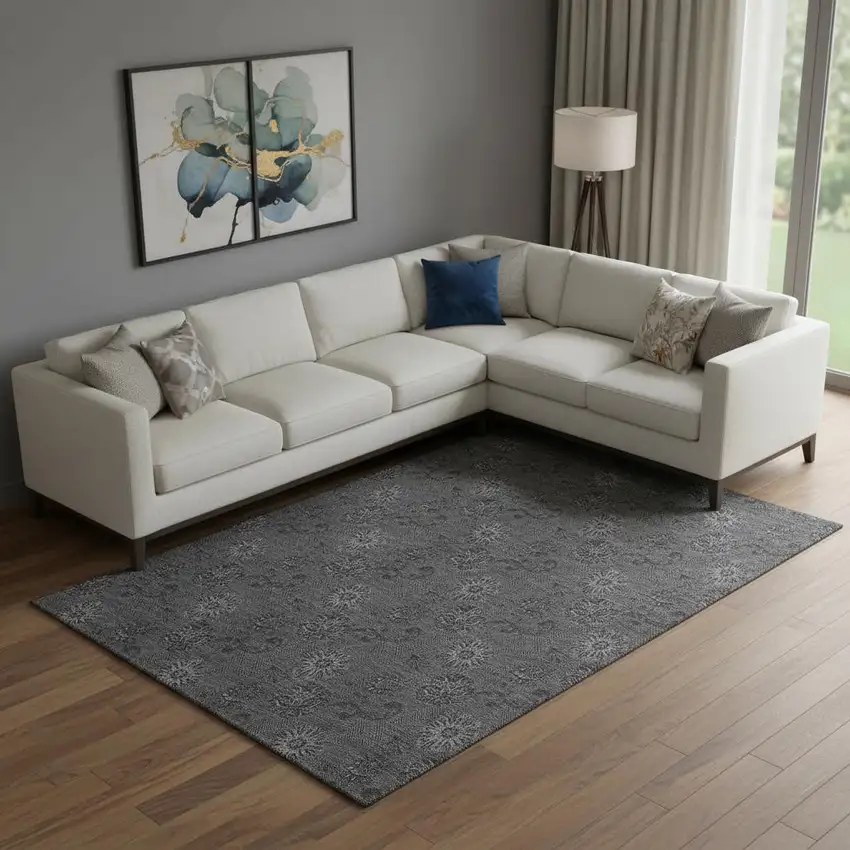 Gray And Silver Floral Washable Area Rug With UV Protection Photo 1