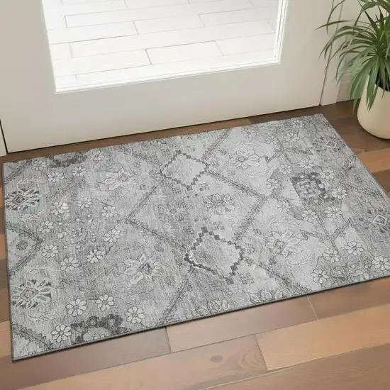 Gray And Silver Floral Washable Area Rug With UV Protection Photo 1