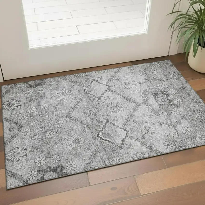 Gray And Silver Floral Washable Area Rug With UV Protection Photo 1