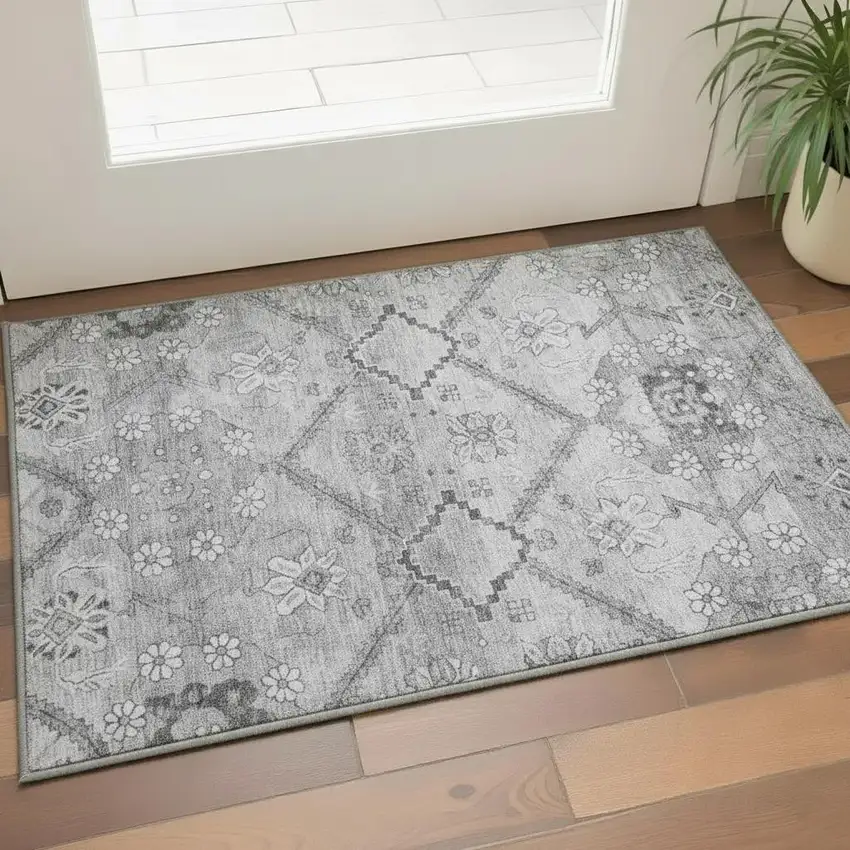 Gray And Silver Floral Washable Area Rug With UV Protection Photo 2