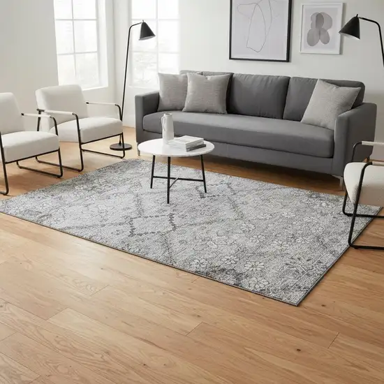 Gray And Silver Floral Washable Area Rug With UV Protection Photo 2