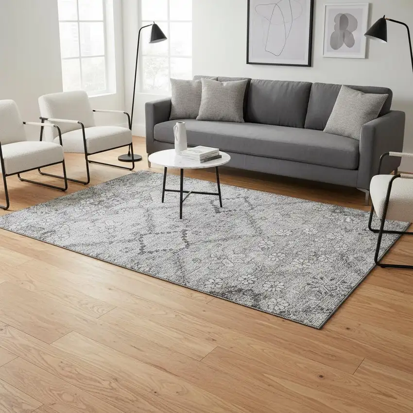 Gray And Silver Floral Washable Area Rug With UV Protection Photo 2