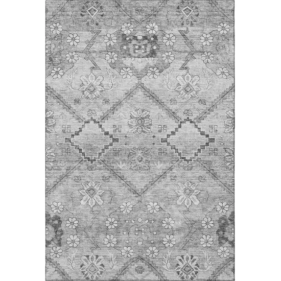 Gray And Silver Floral Washable Area Rug With UV Protection Photo 4