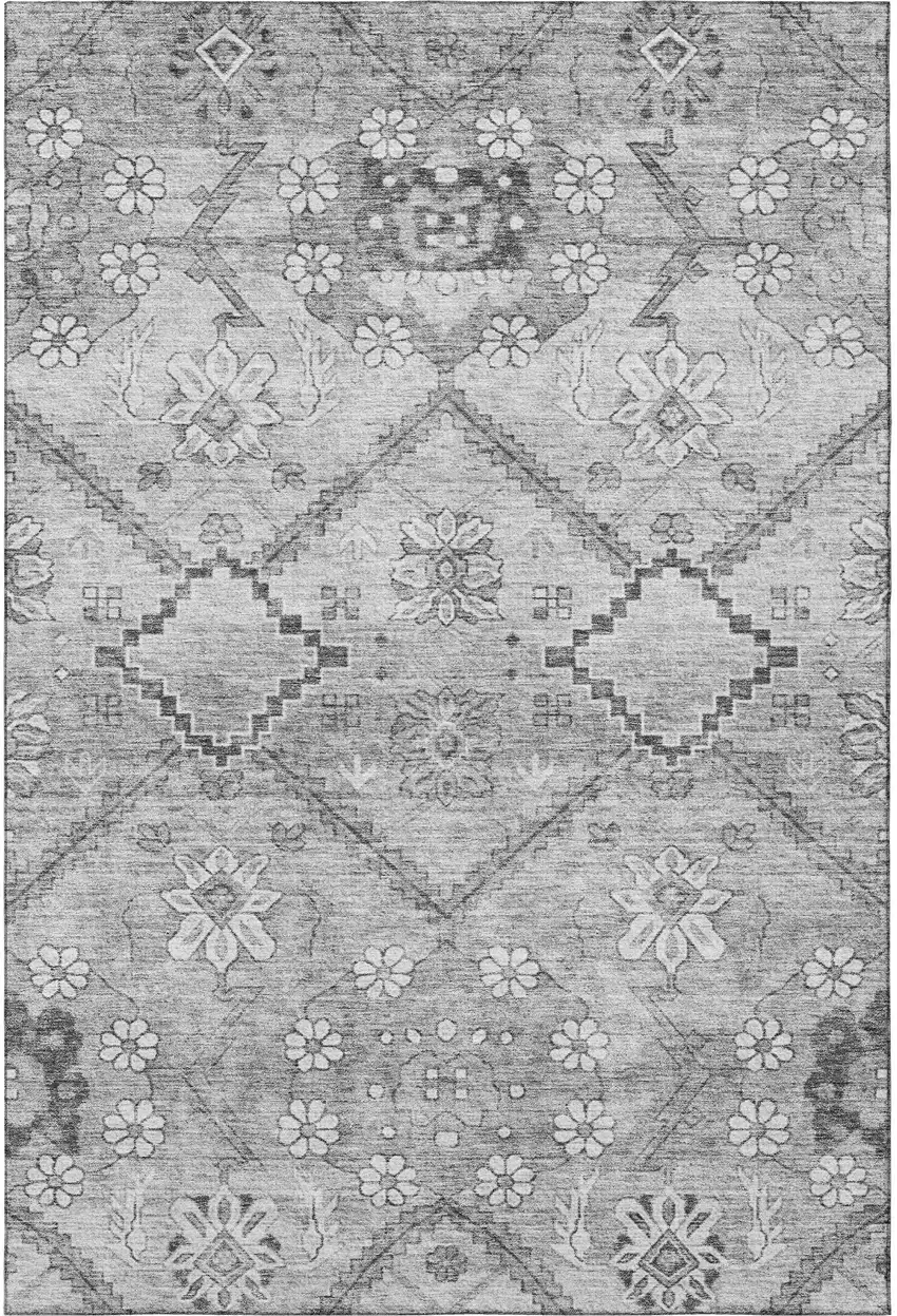 Gray And Silver Floral Washable Area Rug With UV Protection Photo 4