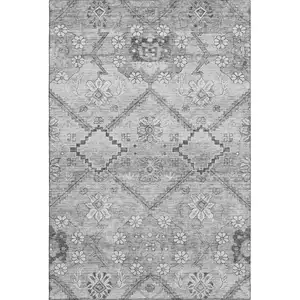Photo of Gray And Silver Floral Washable Area Rug With UV Protection