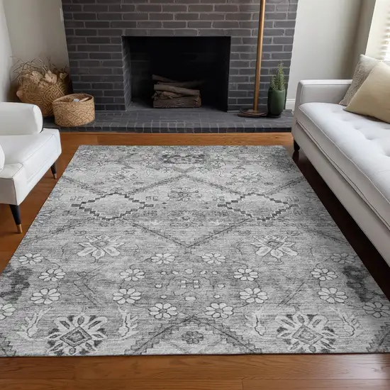 Gray And Silver Floral Washable Area Rug With UV Protection Photo 5
