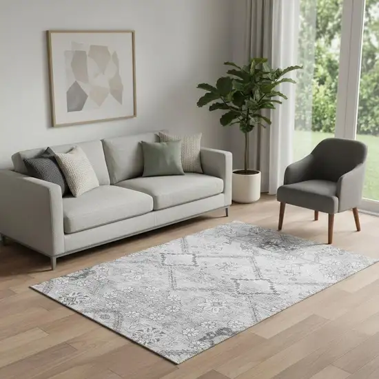Gray And Silver Floral Washable Area Rug With UV Protection Photo 1