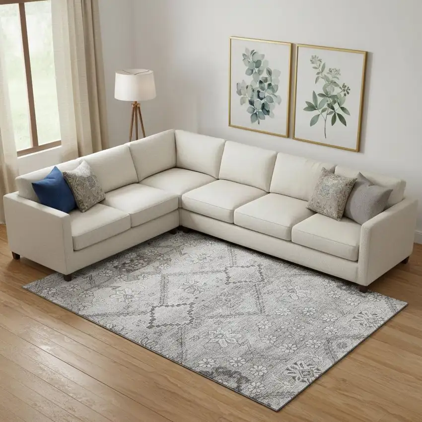 Gray And Silver Floral Washable Area Rug With UV Protection Photo 1