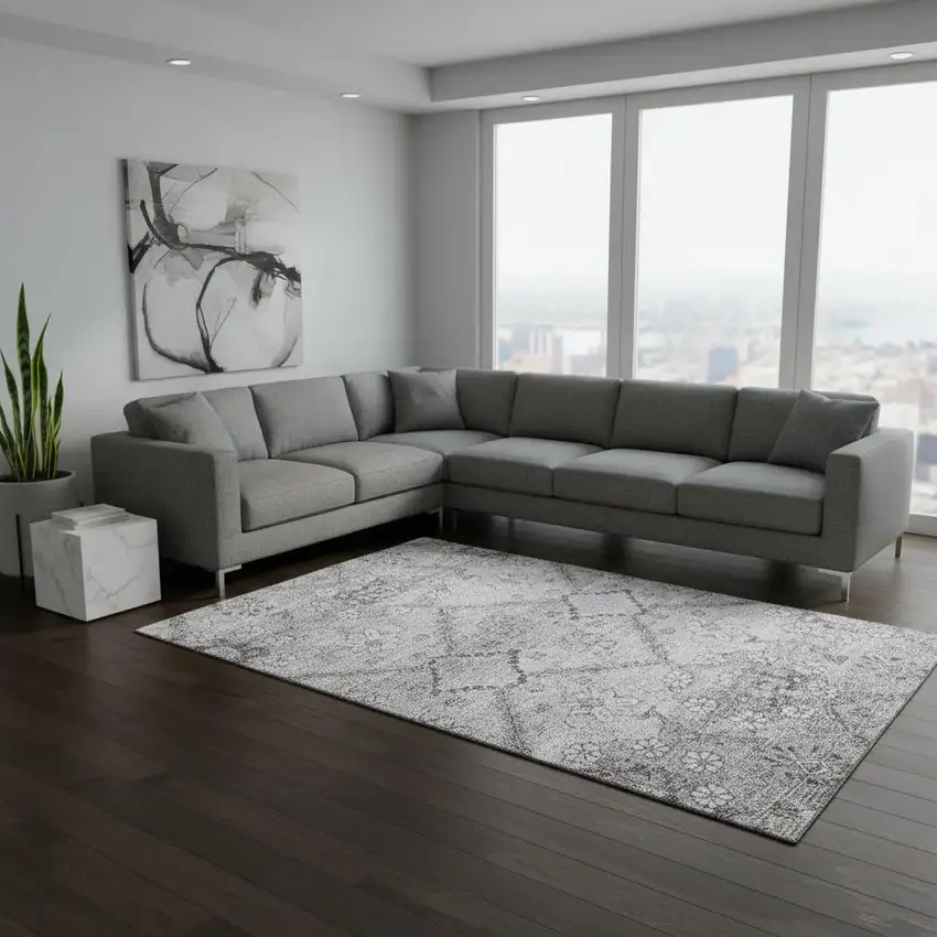 Gray And Silver Floral Washable Area Rug With UV Protection Photo 2