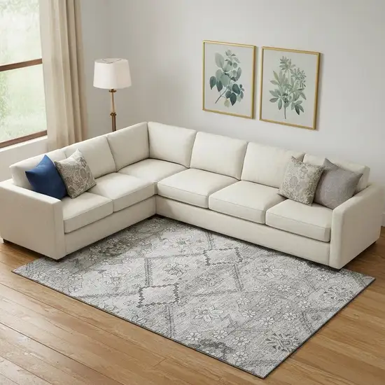 Gray And Silver Floral Washable Area Rug With UV Protection Photo 1