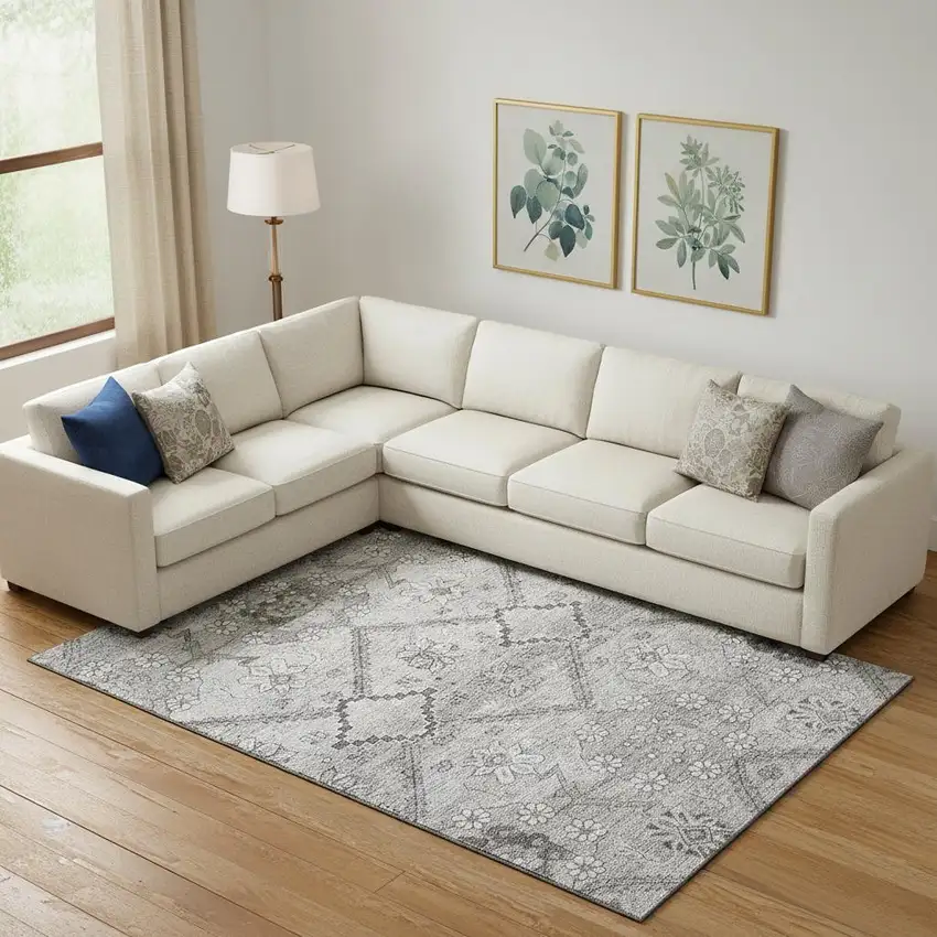 Gray And Silver Floral Washable Area Rug With UV Protection Photo 1