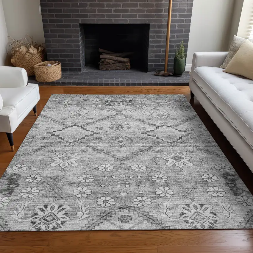 Gray And Silver Floral Washable Area Rug With UV Protection Photo 5