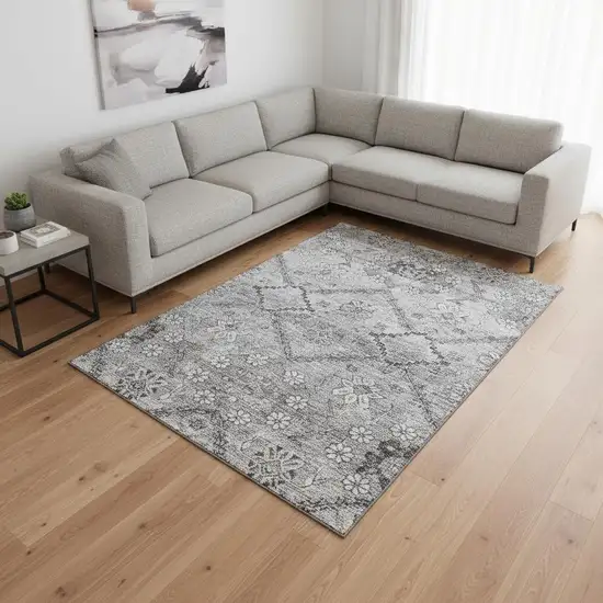 Gray And Silver Floral Washable Area Rug With UV Protection Photo 2