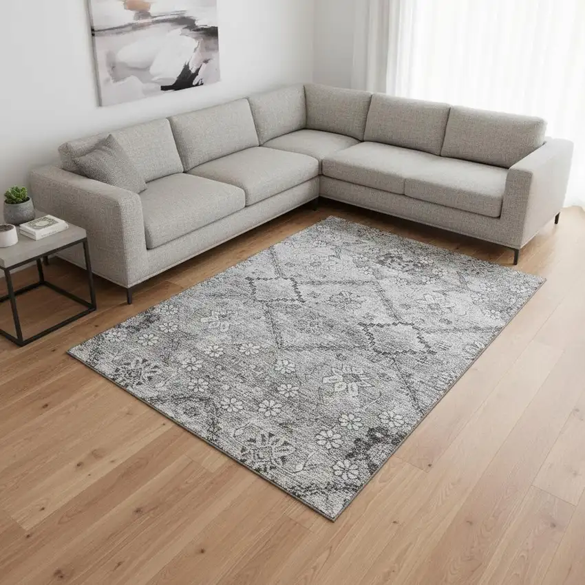 Gray And Silver Floral Washable Area Rug With UV Protection Photo 2