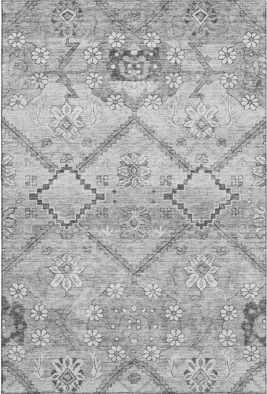 Gray And Silver Floral Washable Area Rug With UV Protection Photo 1