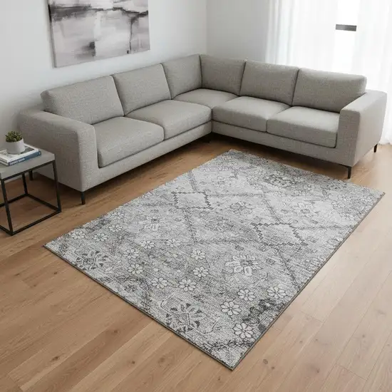 Gray And Silver Floral Washable Area Rug With UV Protection Photo 2