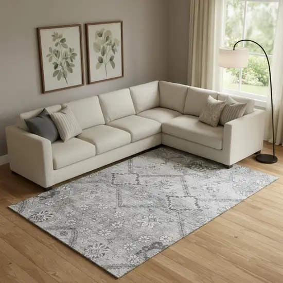 Gray And Silver Floral Washable Area Rug With UV Protection Photo 1