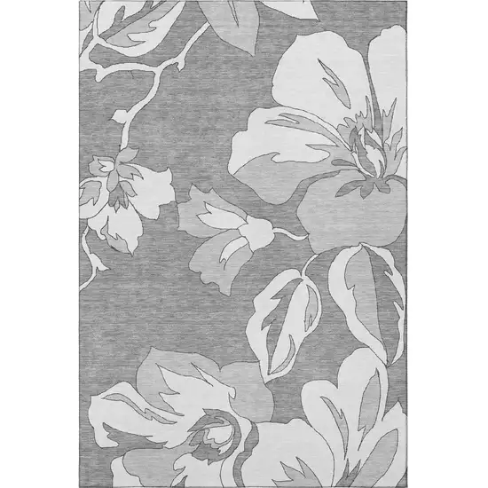 Gray And Silver Floral Washable Area Rug With UV Protection Photo 3