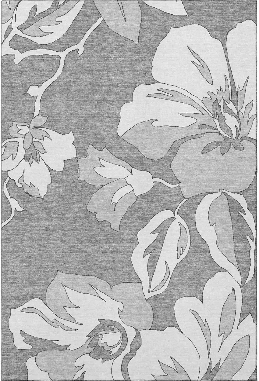 Gray And Silver Floral Washable Area Rug With UV Protection Photo 3