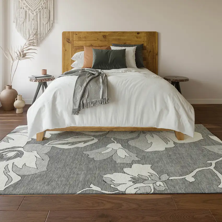 Gray And Silver Floral Washable Area Rug With UV Protection Photo 5