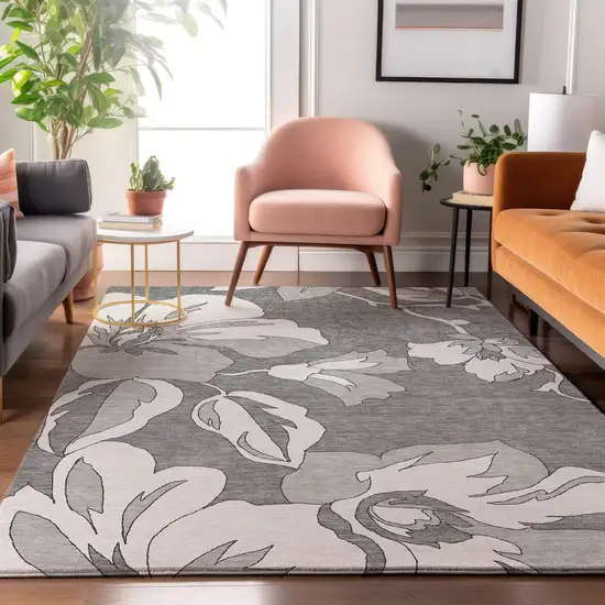 Gray And Silver Floral Washable Area Rug With UV Protection Photo 4