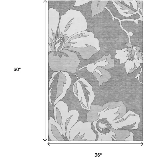 Gray And Silver Floral Washable Area Rug With UV Protection Photo 3