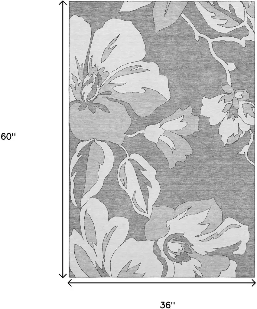 Gray And Silver Floral Washable Area Rug With UV Protection Photo 3