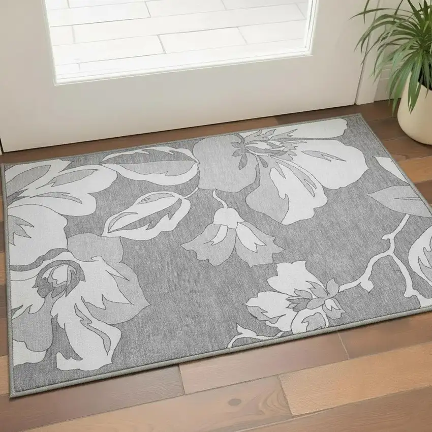 Gray And Silver Floral Washable Area Rug With UV Protection Photo 2