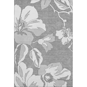 Photo of Gray And Silver Floral Washable Area Rug With UV Protection
