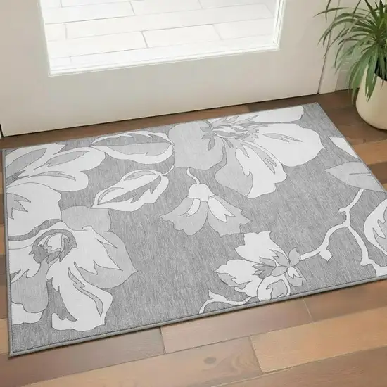 Gray And Silver Floral Washable Area Rug With UV Protection Photo 1