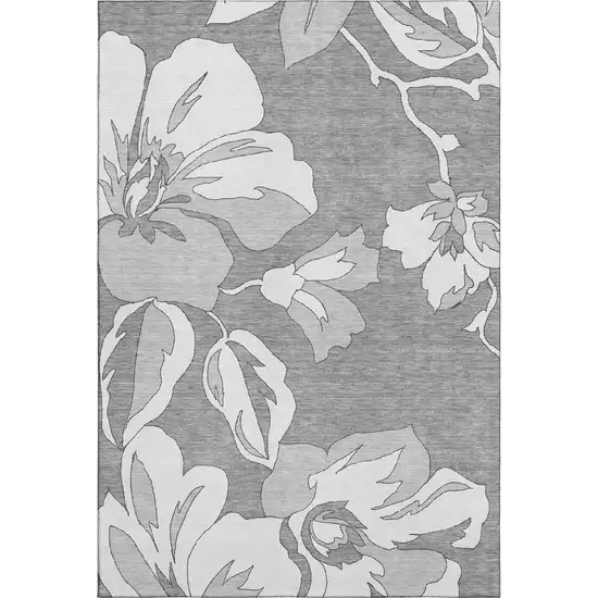 Gray And Silver Floral Washable Area Rug With UV Protection Photo 1