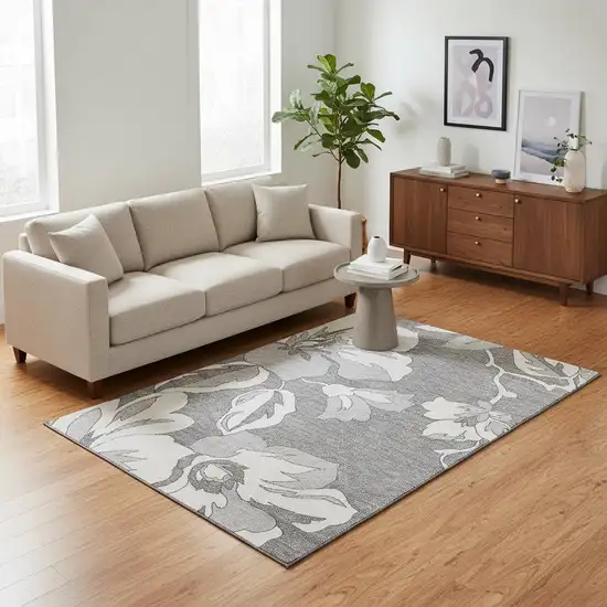 Gray And Silver Floral Washable Area Rug With UV Protection Photo 2