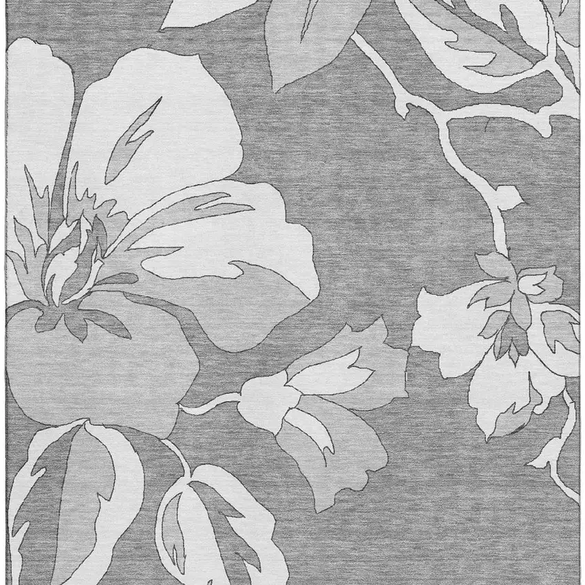 Gray And Silver Floral Washable Area Rug With UV Protection Photo 4