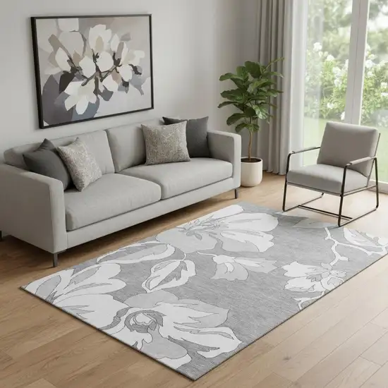 Gray And Silver Floral Washable Area Rug With UV Protection Photo 1