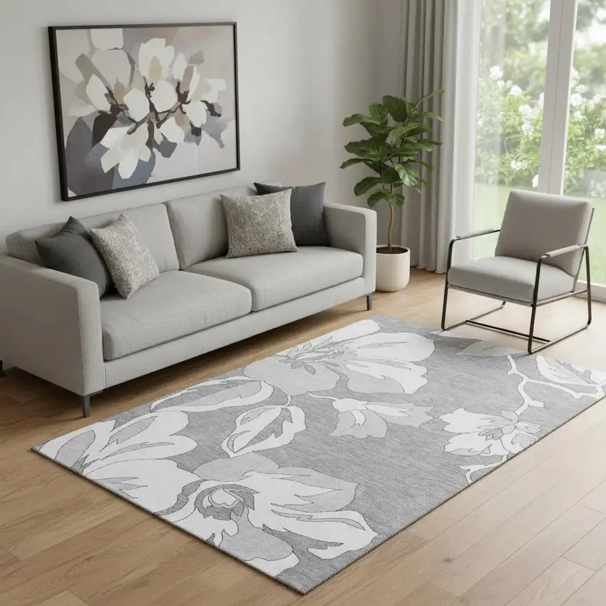 Gray And Silver Floral Washable Area Rug With UV Protection Photo 1