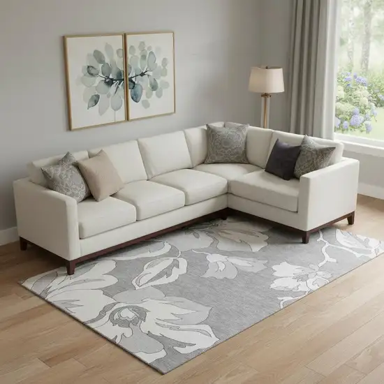 Gray And Silver Floral Washable Area Rug With UV Protection Photo 1
