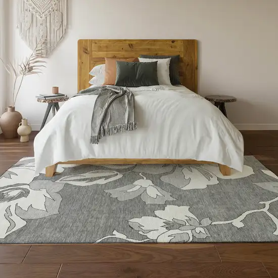 Gray And Silver Floral Washable Area Rug With UV Protection Photo 6