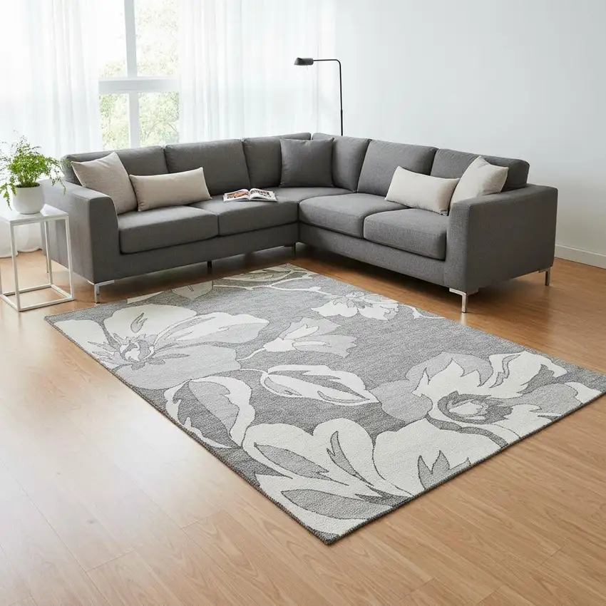 Gray And Silver Floral Washable Area Rug With UV Protection Photo 2