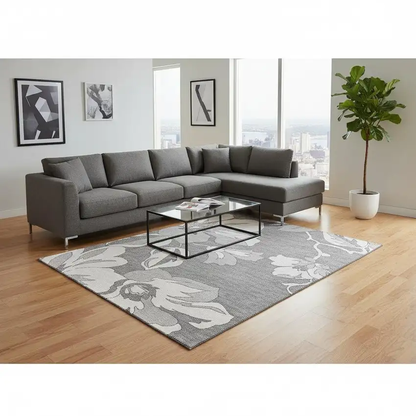 Gray And Silver Floral Washable Area Rug With UV Protection Photo 2