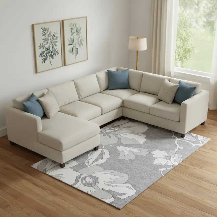 Gray And Silver Floral Washable Area Rug With UV Protection Photo 1