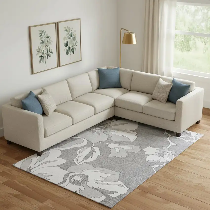 Gray And Silver Floral Washable Area Rug With UV Protection Photo 1