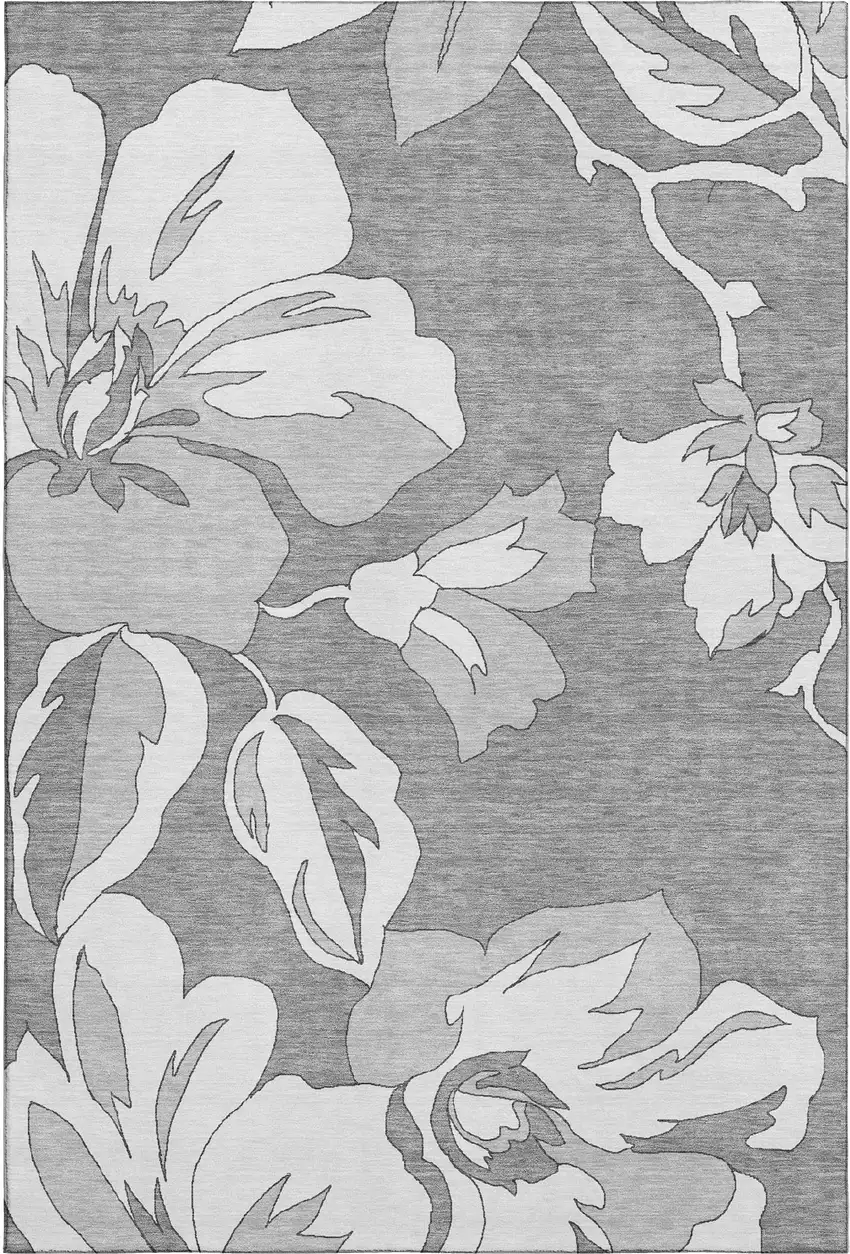 Gray And Silver Floral Washable Area Rug With UV Protection Photo 1