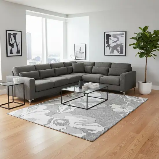 Gray And Silver Floral Washable Area Rug With UV Protection Photo 2