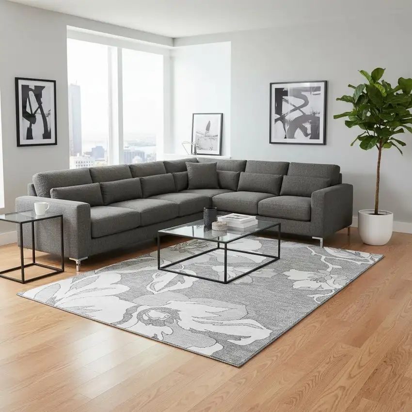 Gray And Silver Floral Washable Area Rug With UV Protection Photo 2