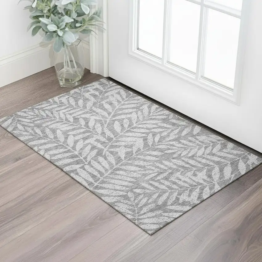 Gray And Silver Floral Washable Area Rug With UV Protection Photo 1