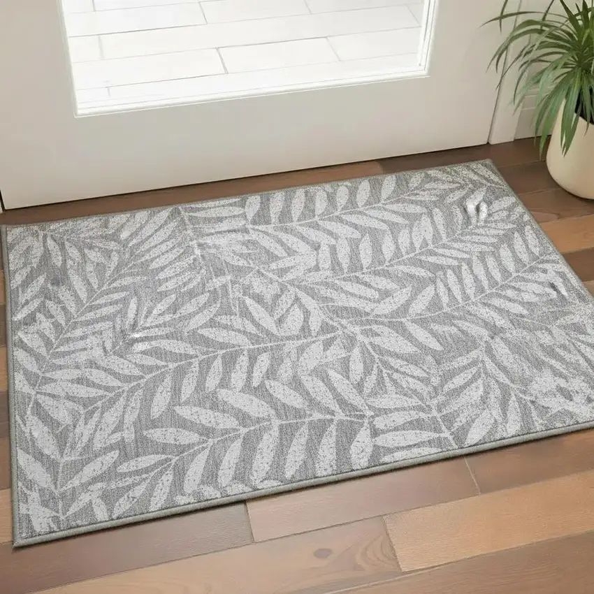 Gray And Silver Floral Washable Area Rug With UV Protection Photo 2