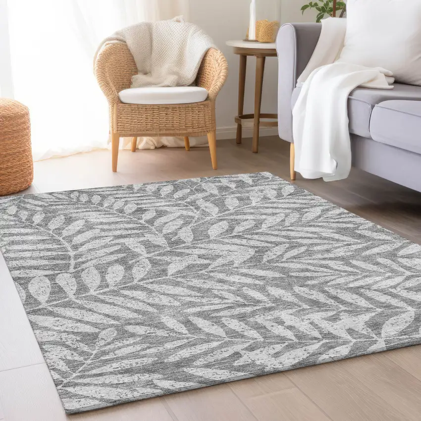 Gray And Silver Floral Washable Area Rug With UV Protection Photo 4