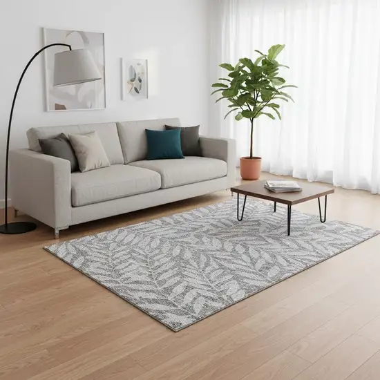 Gray And Silver Floral Washable Area Rug With UV Protection Photo 2